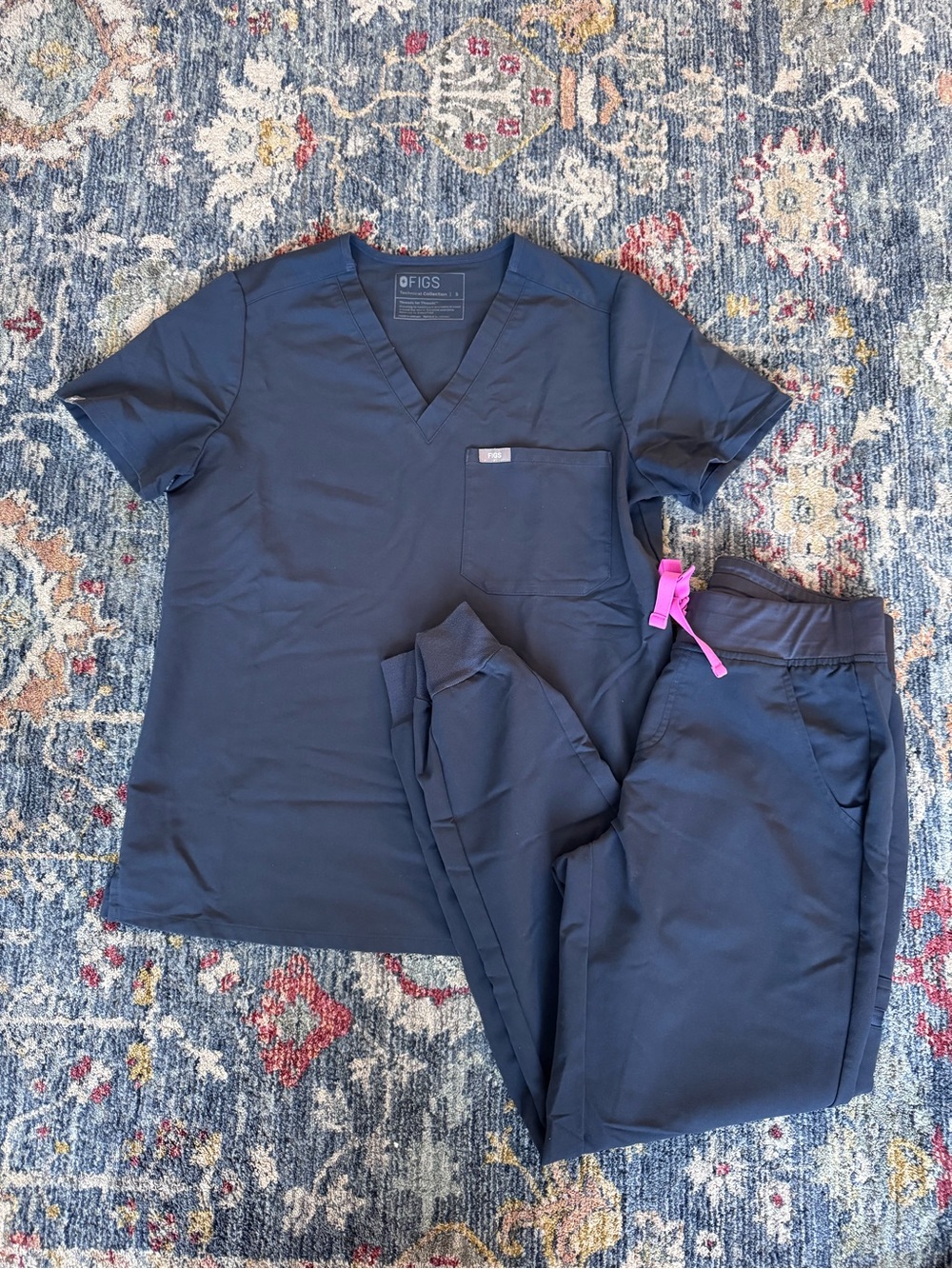 FIGS Navy Scrub Top and Pants with Pink Drawstring